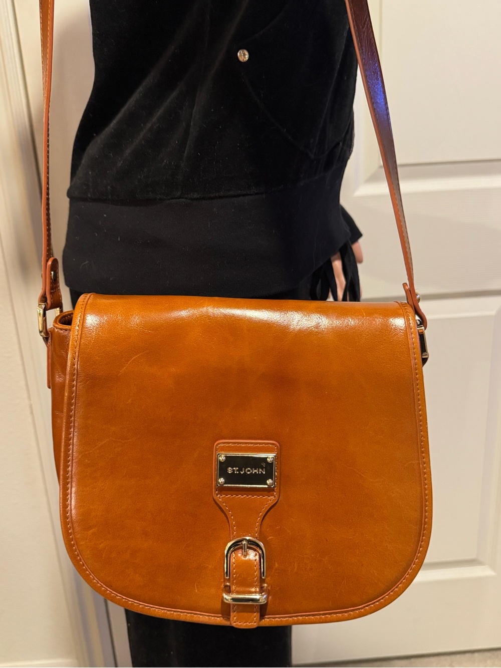 St. John Saddle Crossbody Bag in Cognac Brown